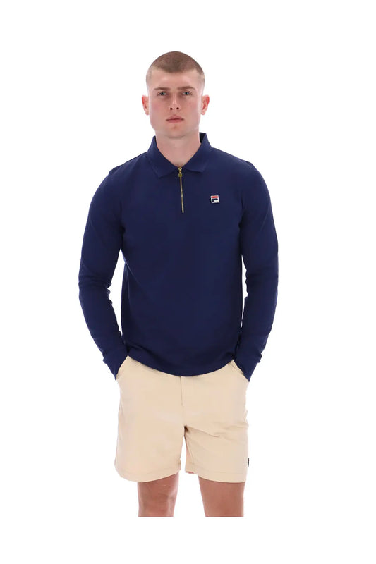 Fila Emiliano long sleeve polo shirt in navy with raised tipping, featuring a classic collar and logo details.