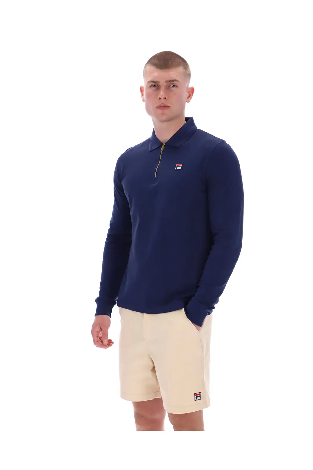 Fila Emiliano long sleeve polo shirt in navy with raised tipping, featuring a classic collar and button placket.