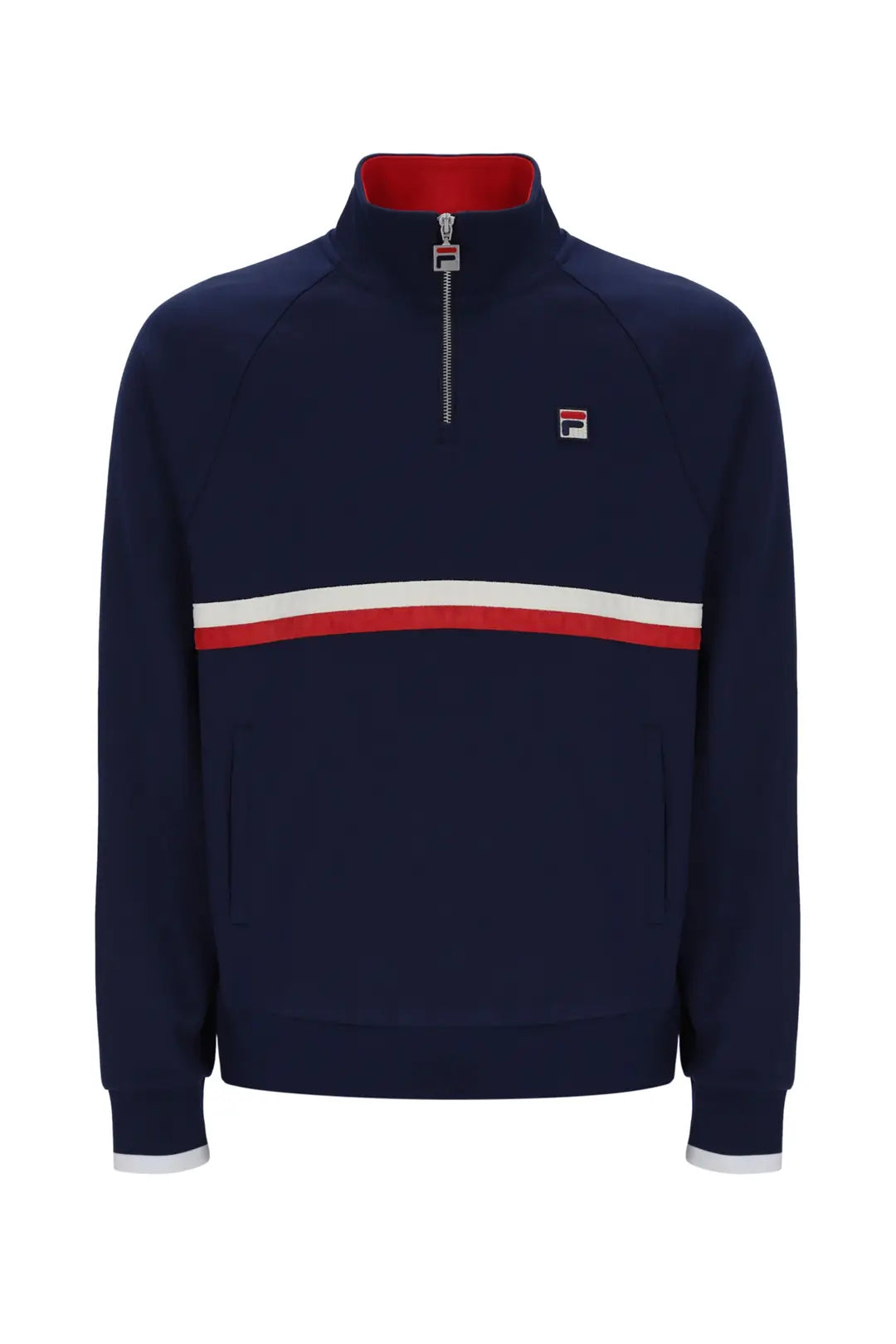 Fila Vintage Rolando quarter zip jumper in navy with gardenia and red accents, showing the front view of the quarter zip design.