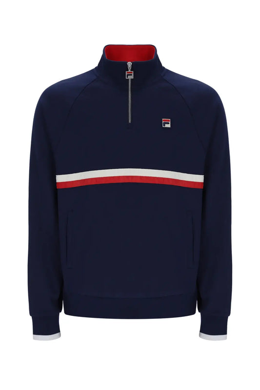 Fila Vintage Rolando quarter zip jumper in navy with gardenia and red accents, showing the front view of the quarter zip design.