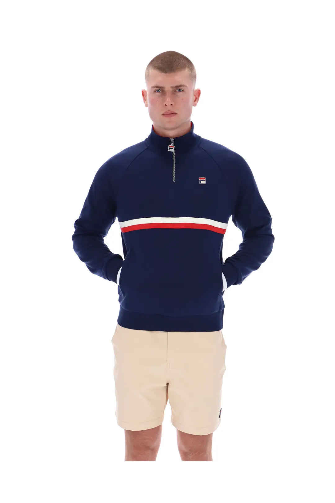 Fila vintage Rolando quarter zip jumper in navy with gardenia and red accents, featuring a classic design and comfortable fit.