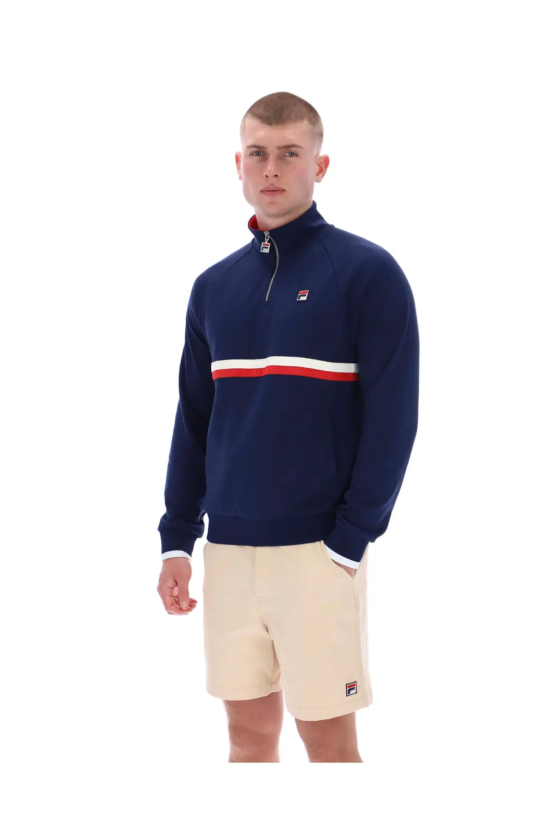 Fila vintage Rolando quarter zip jumper in navy with gardenia and red accents, showing the front view and zip detail.