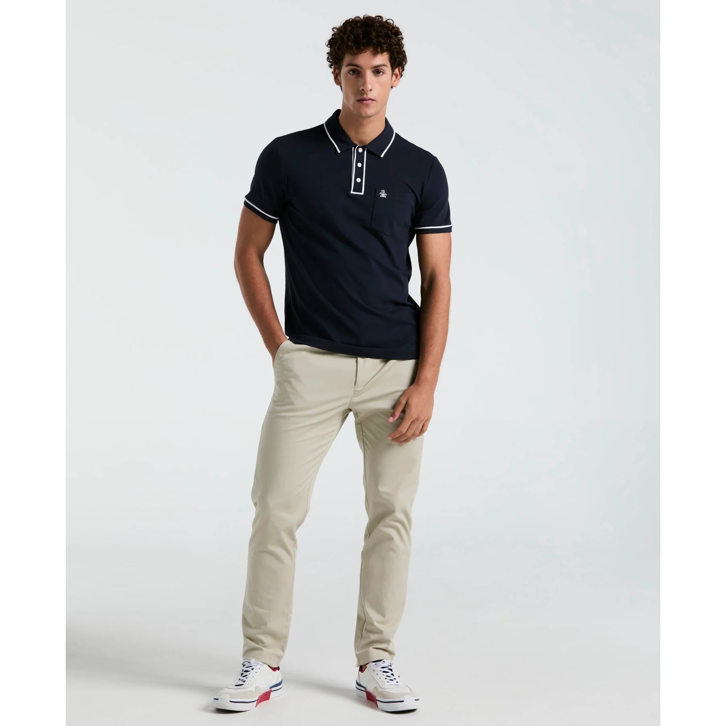Original Penguin Earl Pique Polo Shirt in Dark Sapphire, men's casual polo with textured fabric and collar detail.