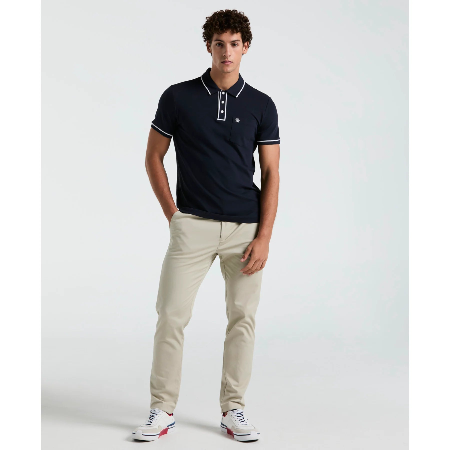 Original Penguin Earl Pique Polo Shirt in Dark Sapphire, men's casual polo with textured fabric and collar detail.