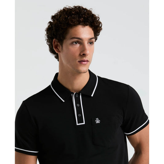 Original Penguin Earl Pique Polo Shirt in True Black, showing the classic polo collar, short sleeves, and textured pique fabric.