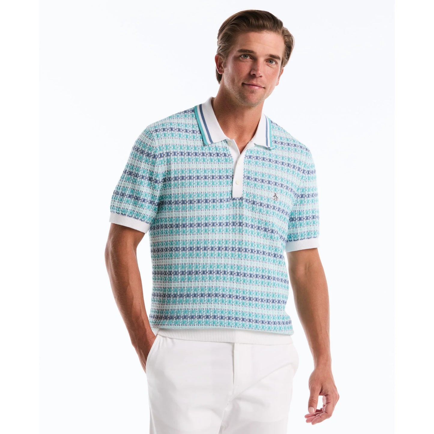 Original Penguin textured jacquard polo shirt in bright white with a classic collar and short sleeves.