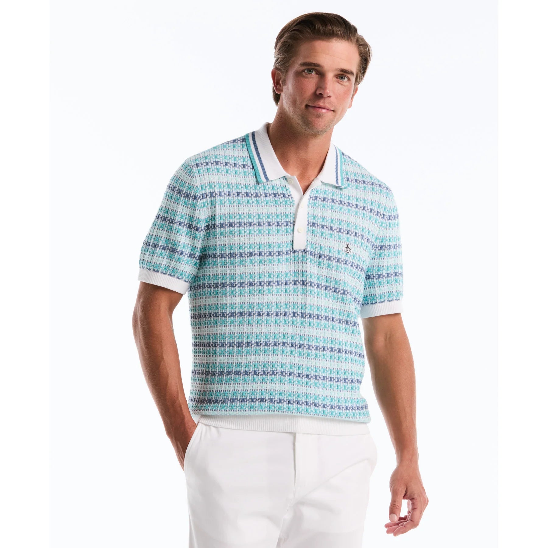 Original Penguin textured jacquard polo shirt in bright white with a classic collar and short sleeves.