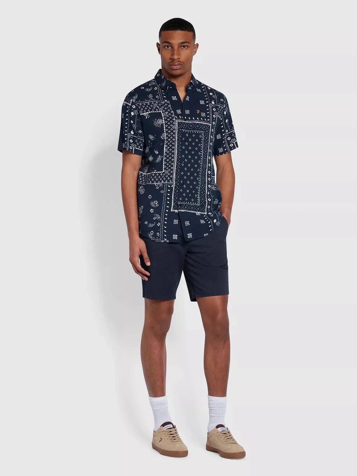 Farah Marcus SS BD Print Shirt in True Navy