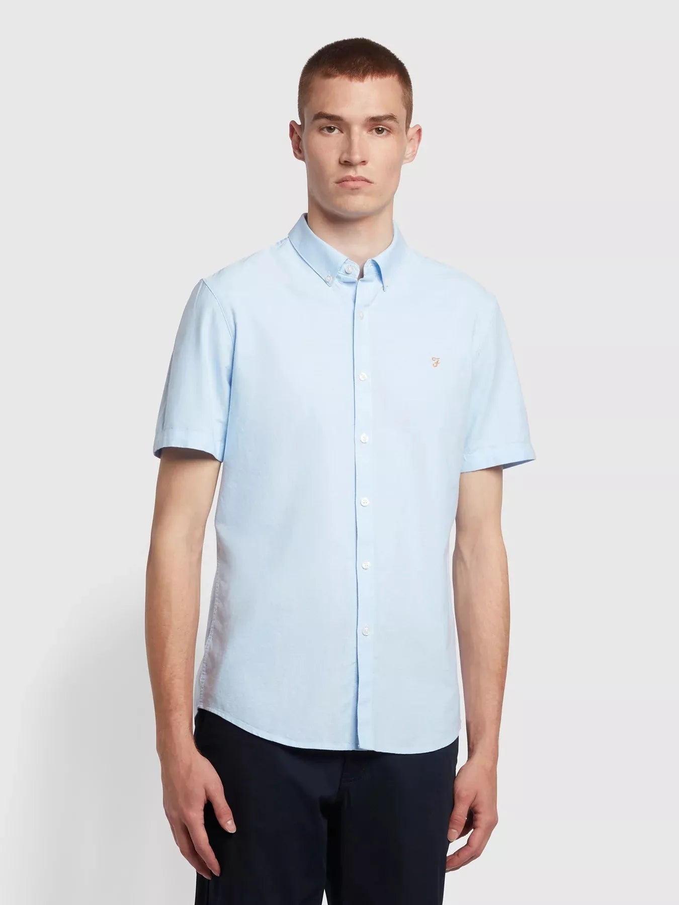 Farah Brewer Slim Fit Short Sleeve Organic Cotton Oxford Shirt In Sky Blue
